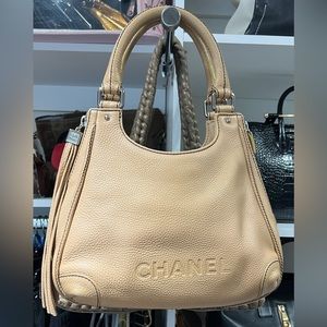 CHANEL Lax Grained Leather Calfskin Tassel Hobo Beige